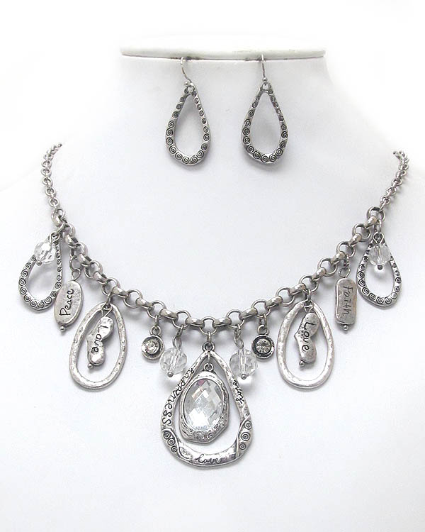 Vintage style inspiration multi teardrop and heart charm necklace earring set - love peace faith