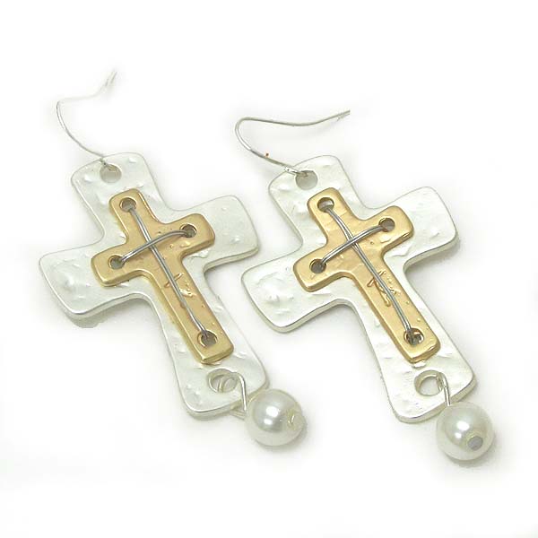 Hammered metal double cross and pearl drop earring