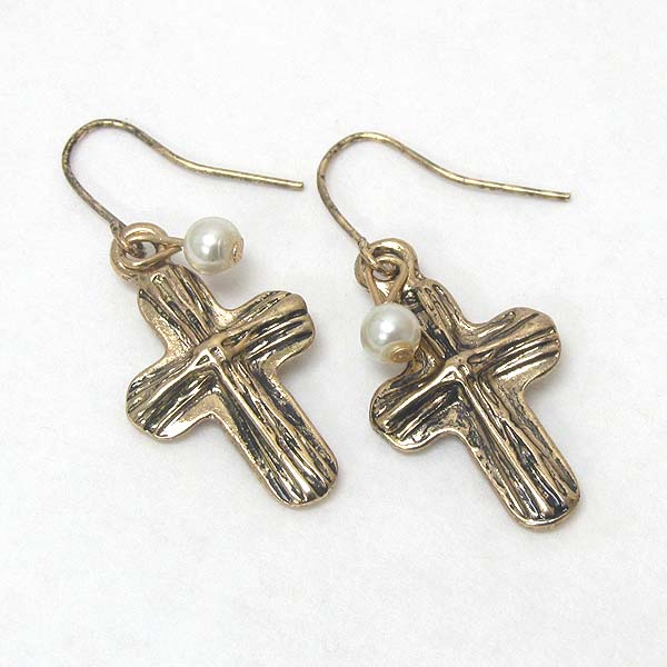 Vintage metal textured cross and pearl dangle earring
