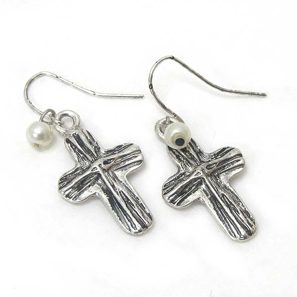 Vintage metal textured cross and pearl dangle earring