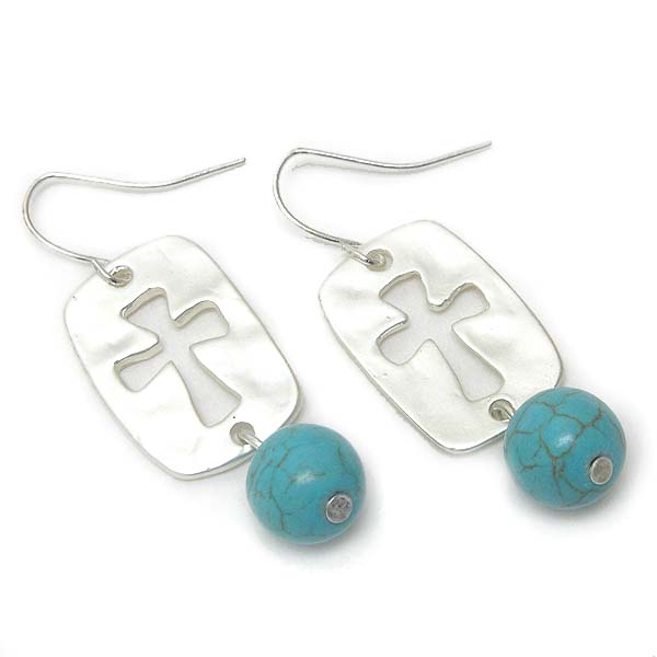 Hammered metal cross and turquoise earring