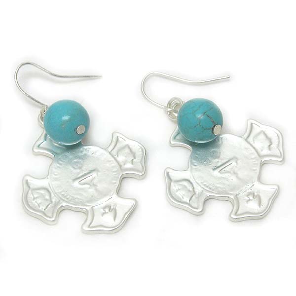 Coined cross and turquoise earring