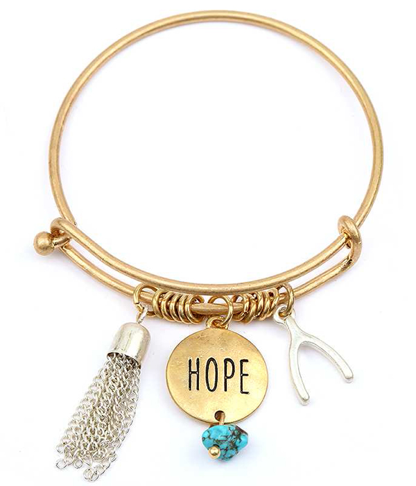 HAMMERED DISK AND WISH BONE AND TASSEL HOOK BRACELET - HOPE