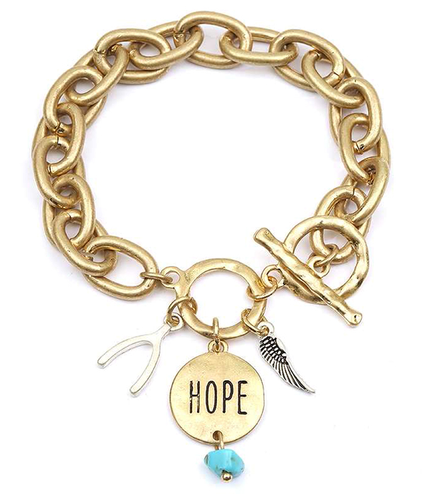 Hammered disk and wing chram toggle bracelet - hope