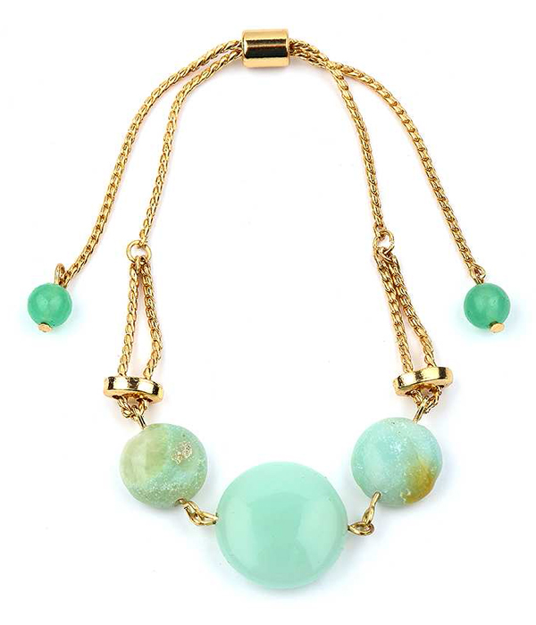 Semi precious stone ball link pull tie bracelet