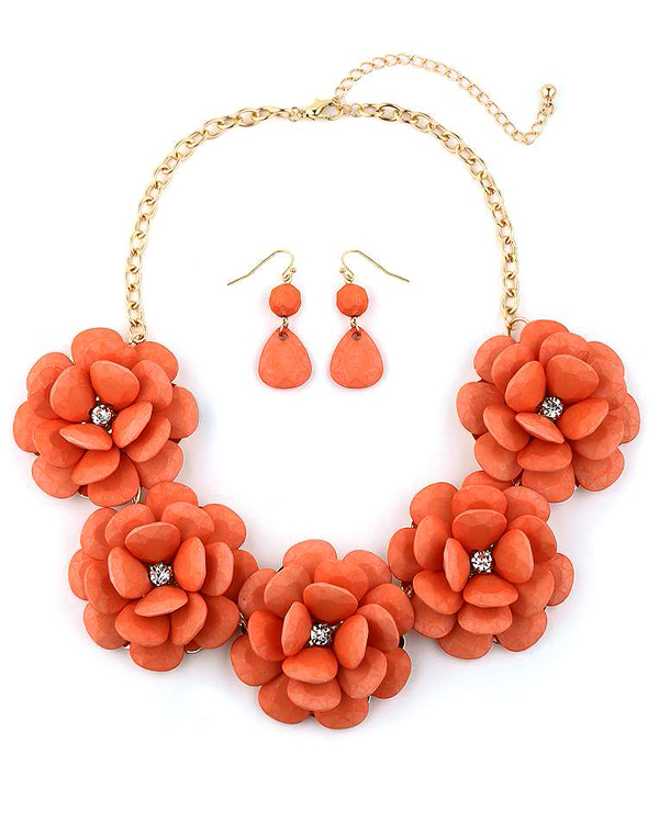 Crystal center camellia flower necklace set