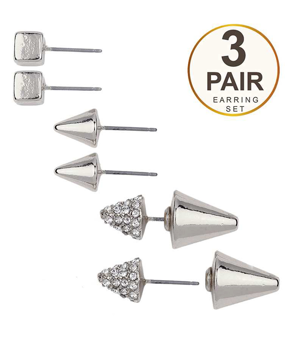 Crystal spike double sided front and back 3 pair earring set