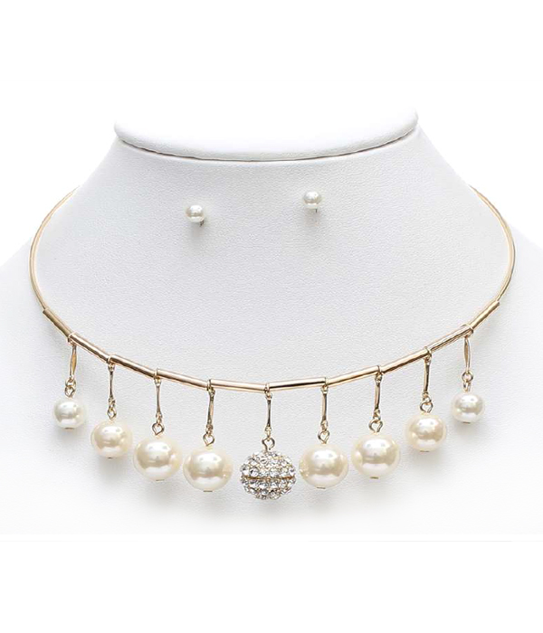 CRYSTAL FIREBALL AND PEARL DROP CHOCKER NECKLACE SET