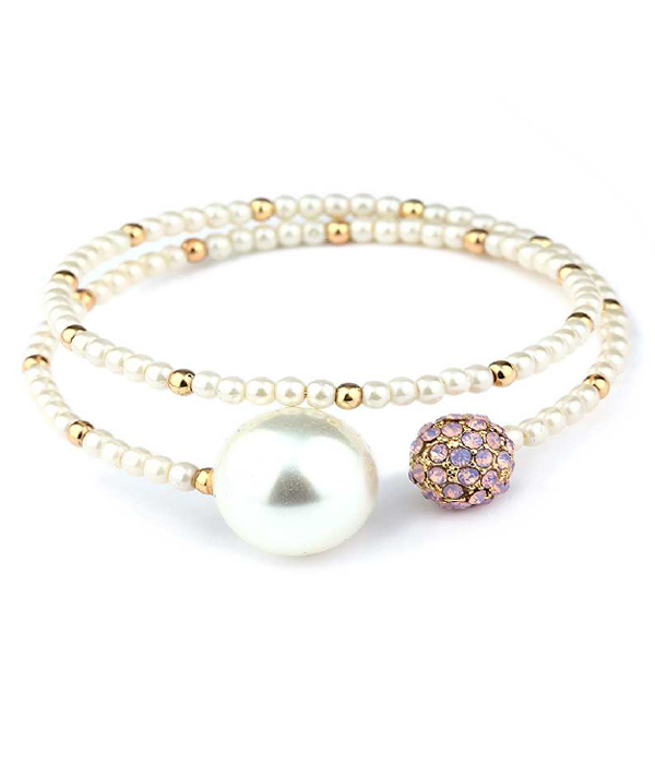 Crystal fireball and pearl memory wire bracelet