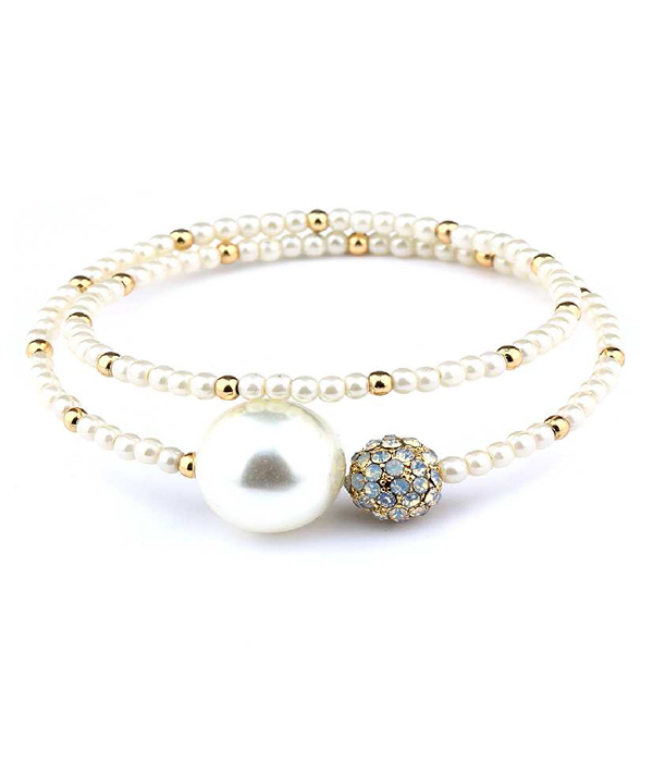 Crystal fireball and pearl memory wire bracelet