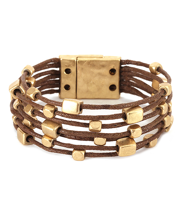 Multi metal nugget and wax cord magnetic bracelet