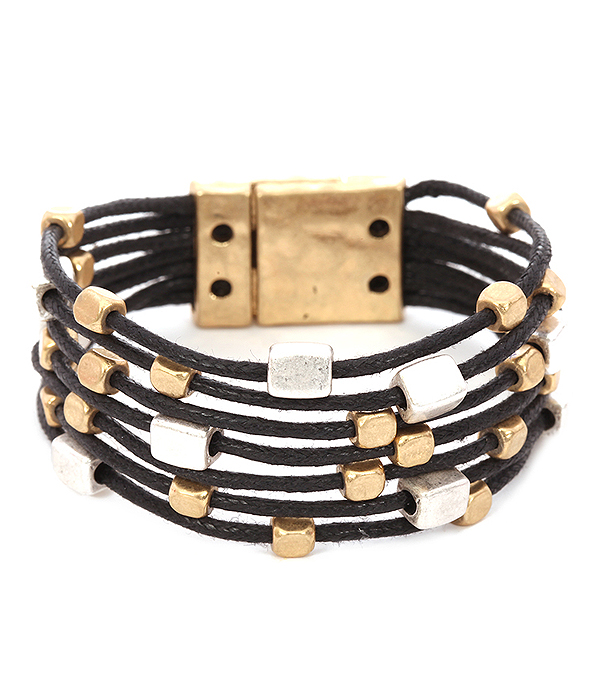 Multi metal nugget and wax cord magnetic bracelet