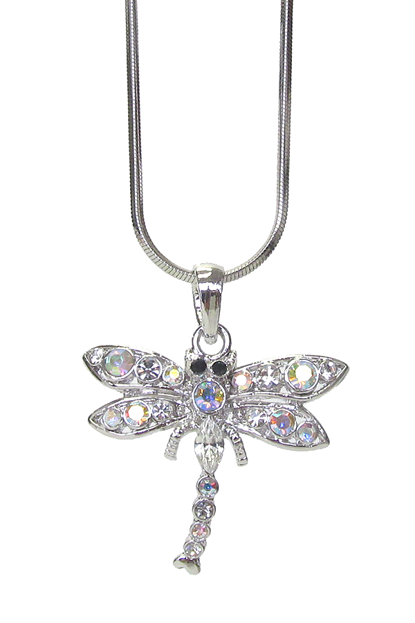 WHITEGOLD PLATING CRYSTAL DRAGONFLY PENDANT NECKLACE