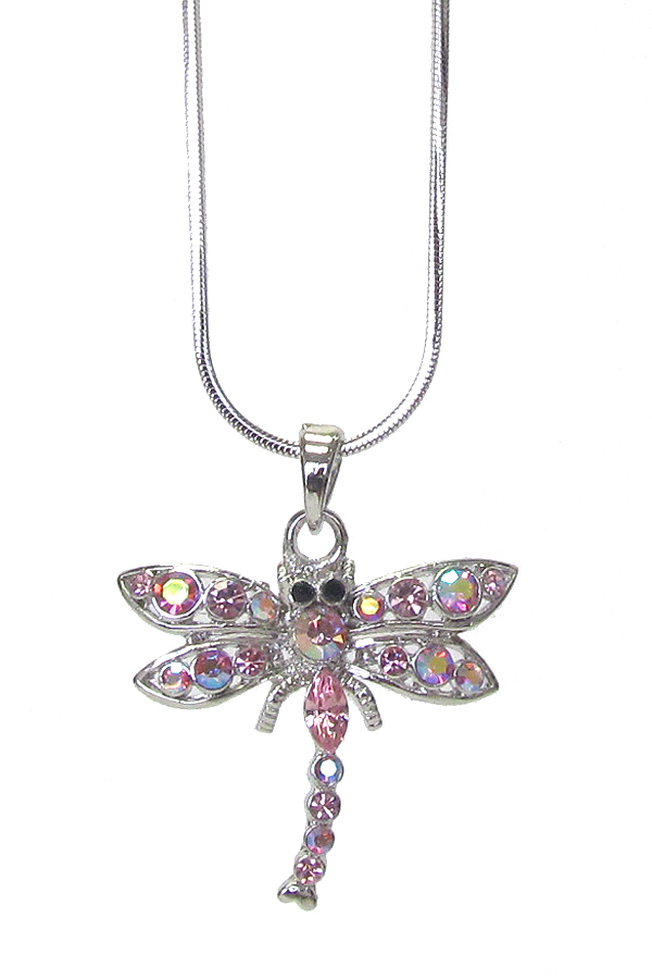 WHITEGOLD PLATING CRYSTAL DRAGONFLY PENDANT NECKLACE