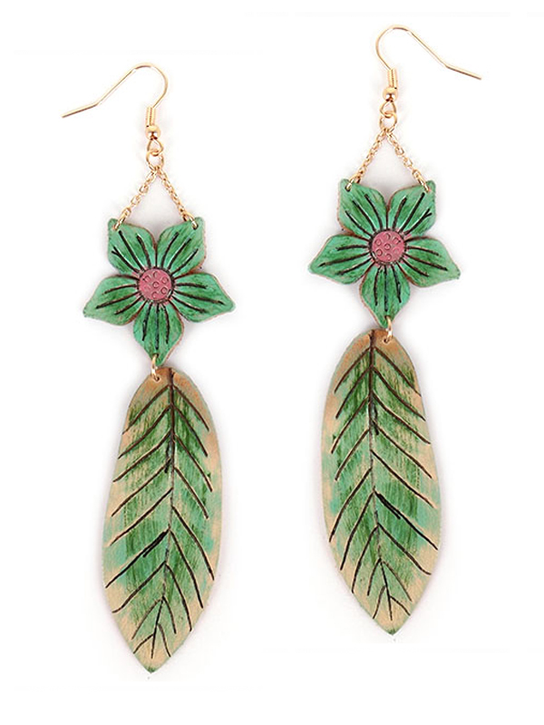 Faux leather flower and leaf drop earring