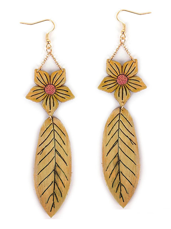 Faux leather flower and leaf drop earring
