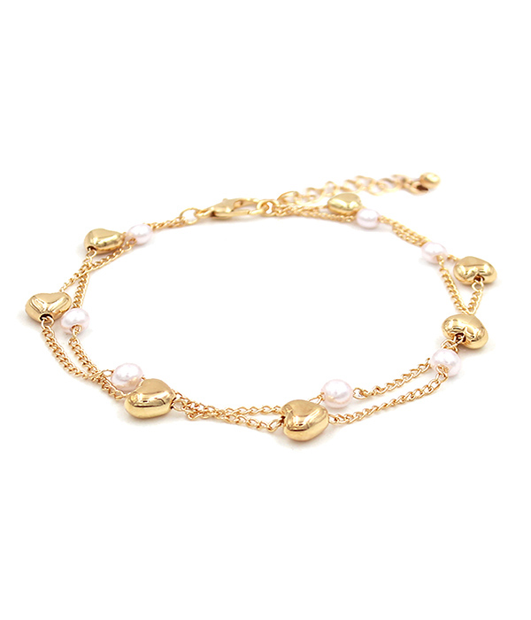 PUFFY HEART AND PEARL MIX DUAL CHAIN BRACELET