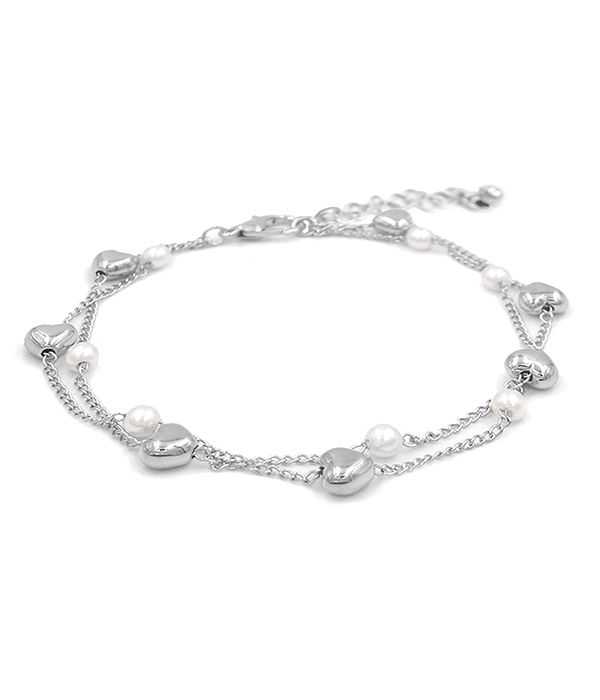 PUFFY HEART AND PEARL MIX DUAL CHAIN BRACELET