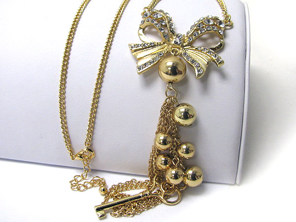 CRYSTAL STUD RIBBON PENDANT AND MULTI METAL BALL AND KEY DROP LONG NECKLACE