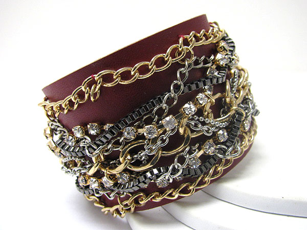 Metal chain deco leather wrist band
