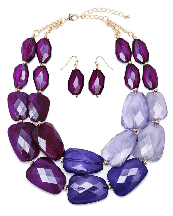 Multi color facet resin stone double chain necklace earring set