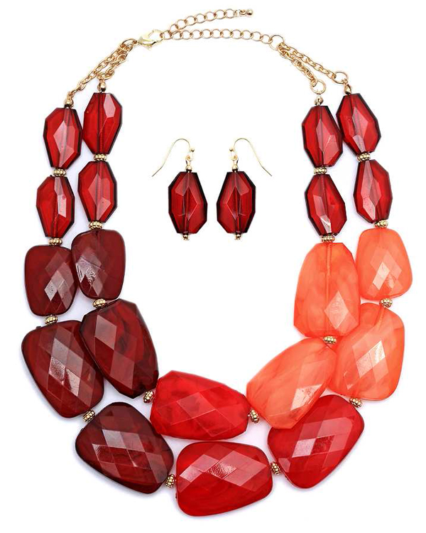 MULTI COLOR FACET RESIN STONE DOUBLE CHAIN NECKLACE EARRING SET