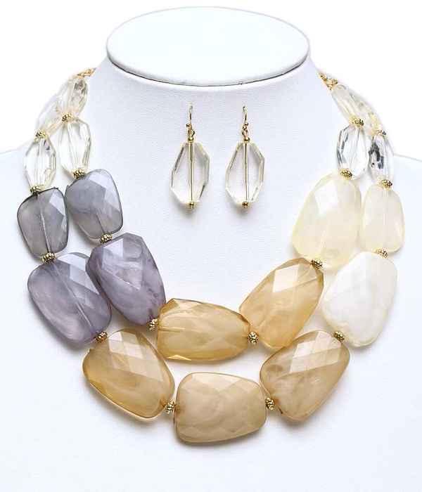 CHUNKY MULTI COLOR FACET RESIN STONE DOUBLE CHAIN NECKLACE EARRING SET