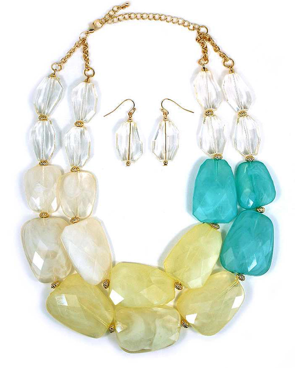 CHUNKY MULTI COLOR FACET RESIN STONE DOUBLE CHAIN NECKLACE EARRING SET