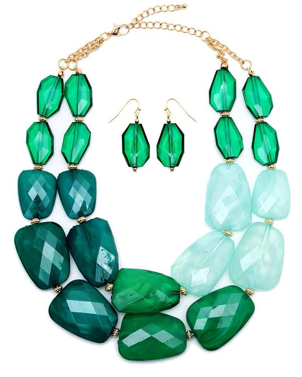 Chunky multi color facet resin stone double chain necklace earing set