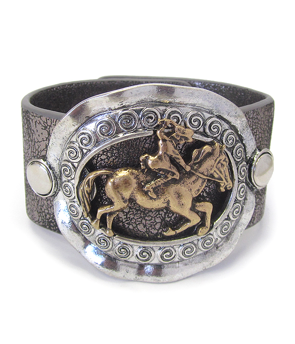 Chunky metal disc and thick leatherette band bracelet - cowboy