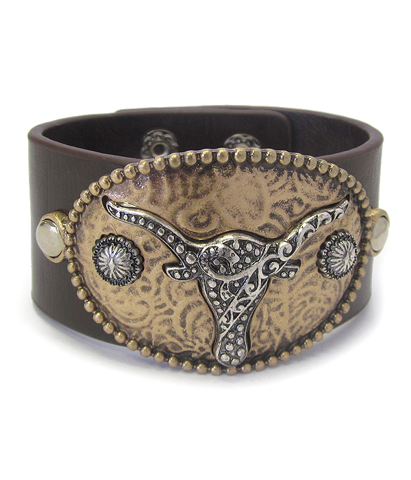 Chunky metal disc and thick leatherette band bracelet - long horn