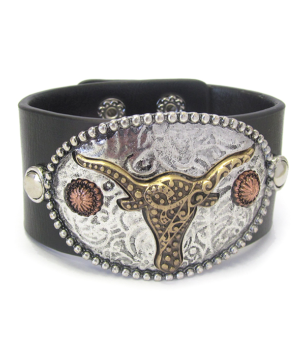 Chunky metal disc and thick leatherette band bracelet - long horn