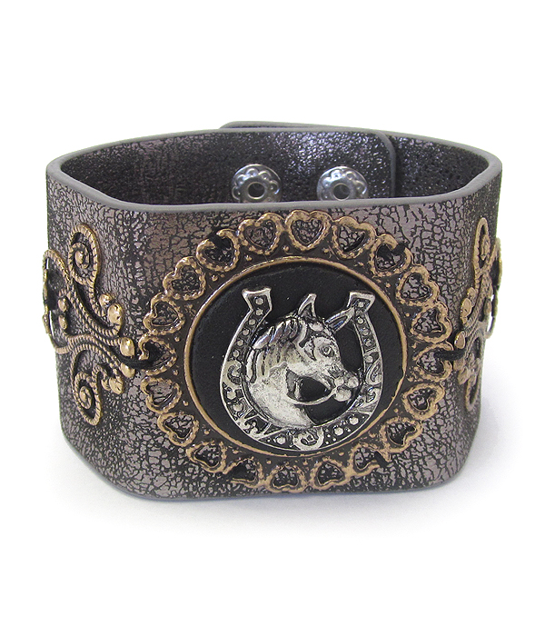Chunky metal disc and thick leatherette band bracelet - horse shoe