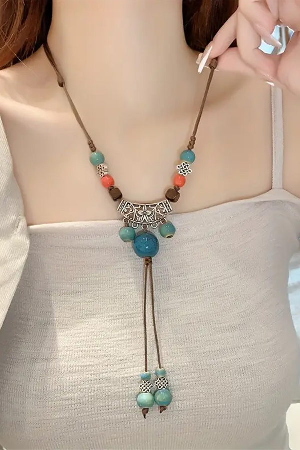 Ethnic style pull adjustable cord necklace