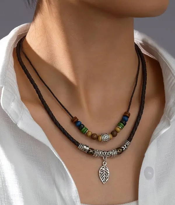 Leaf pendant double layer leatherette chain and mix bead necklace