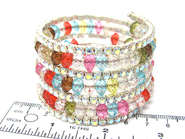 Four row rhinestone and facet class bead coiled stretch bracelet