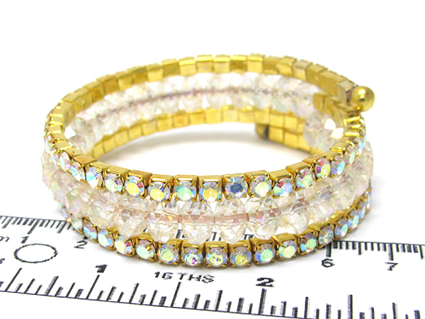 Two row crystal and facet glass bead coiled stretch bracelet