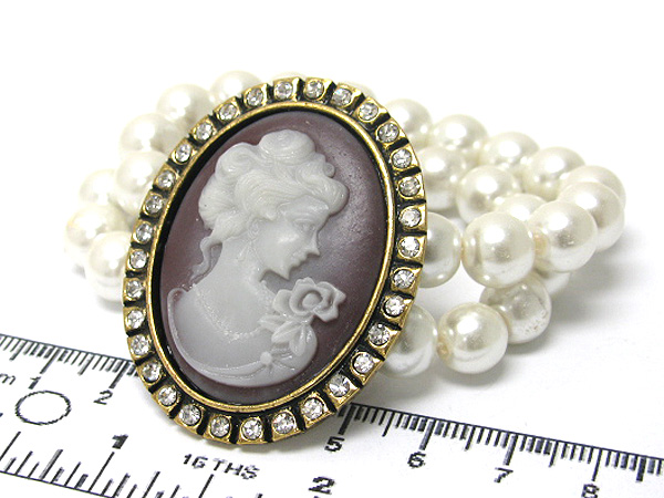 Crystal oval deco cameo double line pearl stretch bracelet