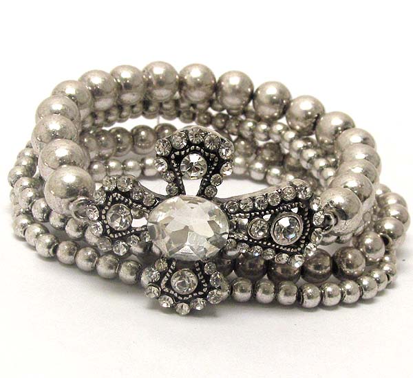 Oval crystal metal textered cross and muti metal balls stretch bracelet set of 5