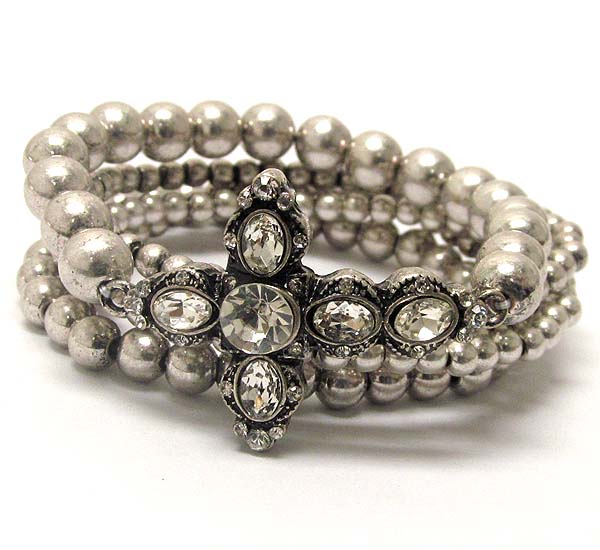 Round and oval crystal metal textered cross and muti metal balls stretch bracelet set of 5