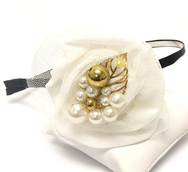 MULTI METAL BALLS AND PEARL STUD FASHION LARGE FLOWER FABRIC HEADBAND