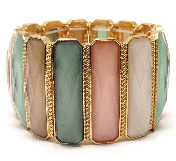 Textered metal multi rectangle pattern glass stone stretch bracelet
