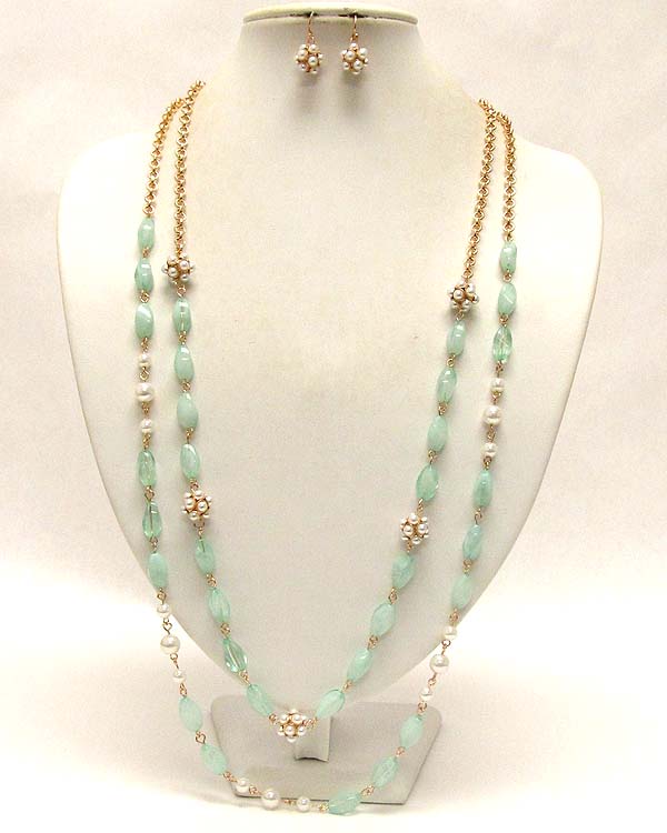 Two layers  and multi acryl oval patern with pearl balls drop long chain necklace earring set
