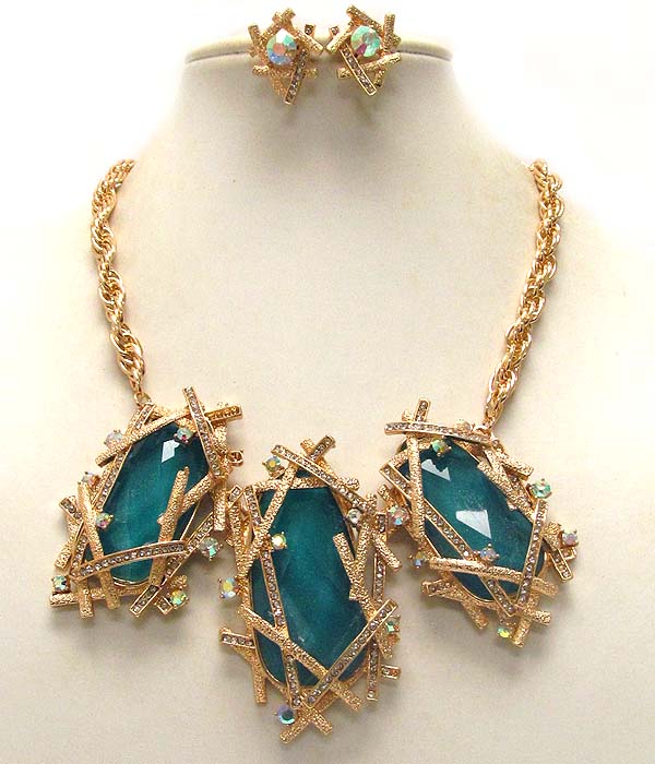 Architectural style textered metal conectted oval glass stone drop chain necklace earring set