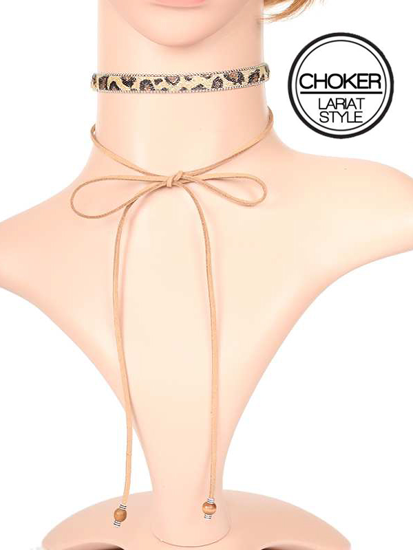 Animal print and long leatherette cord choker necklace set