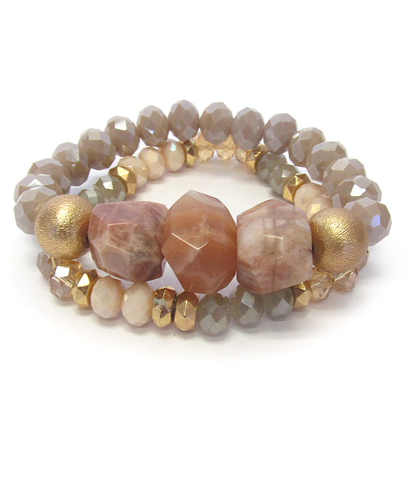 LARGE SEMI PRECIOUS AMD FACET STONE MIX DOUBLE STRETCH BRACELET SET