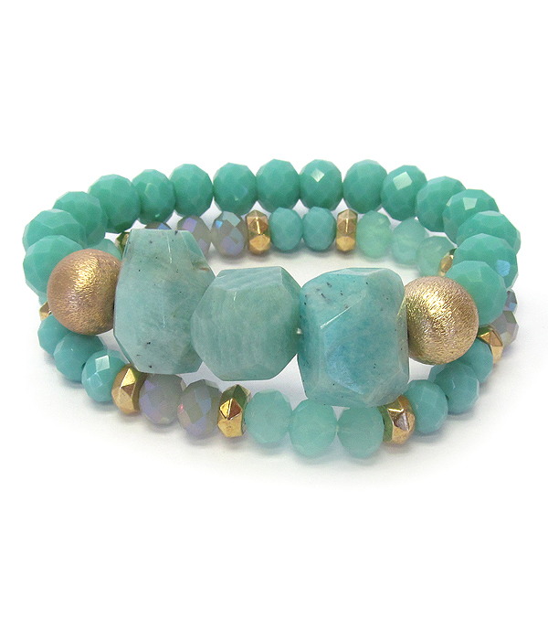 Large semi precious amd facet stone mix double stretch bracelet set