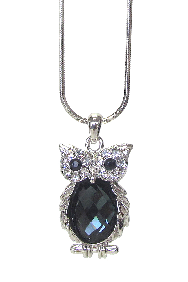 WHITEGOLD PLATING CRYSTAL OWL PENDANT NECKLACE