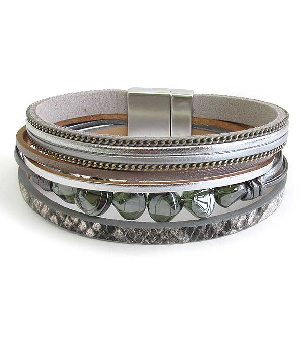 Multi layer leatherette magnetic bracelet - shell