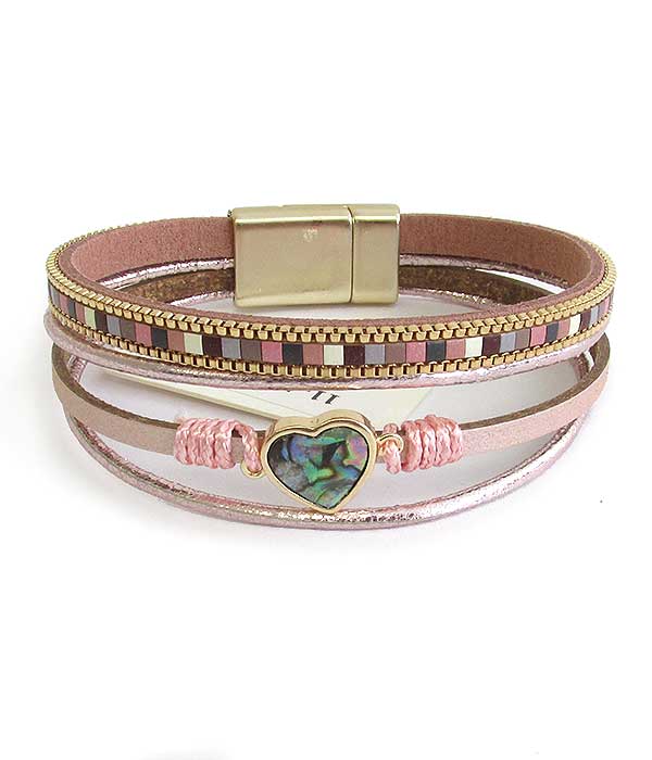 Multi layer leatherette and heart magnetic bracelet